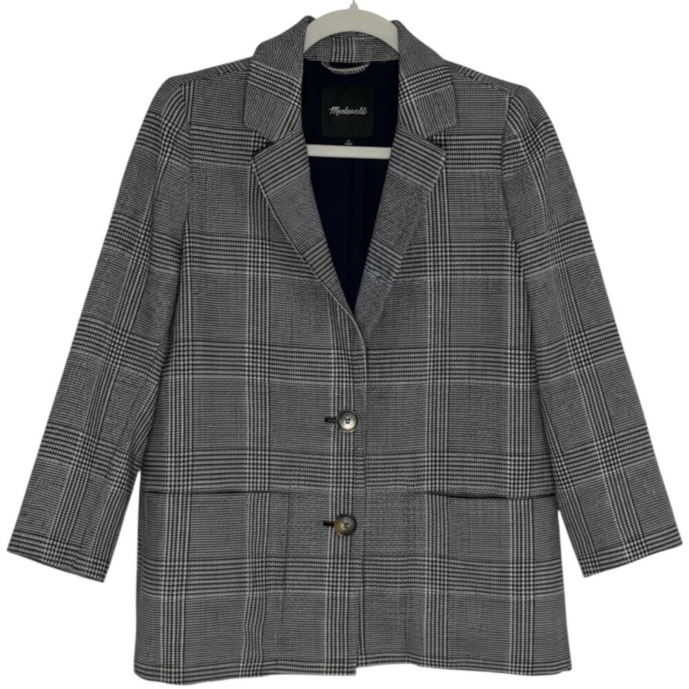 Madewell Wool Blend Blazer Jacket Two Button Plaid Navy Blue Beige S